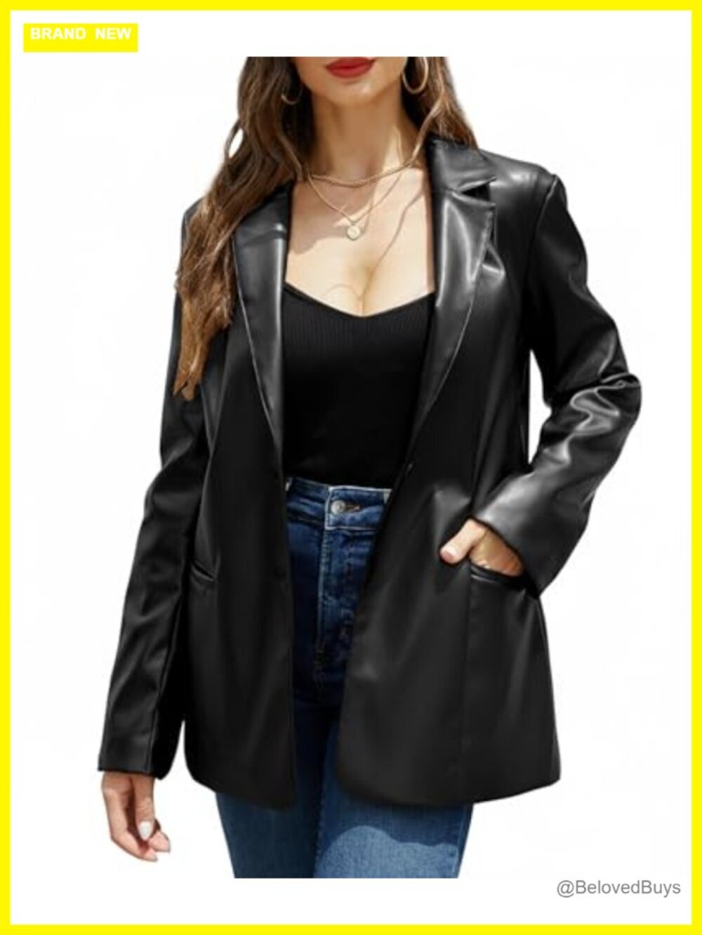 Women Faux Leather Blazer Jacket, Soft PU Coat, Button Front, Long Sleeve,